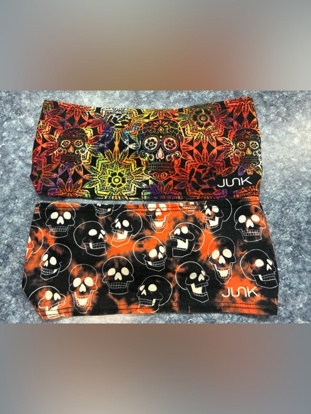 Junk brand headband (lot of 2) Orange & Black Skulls, Fall color skull mandalas